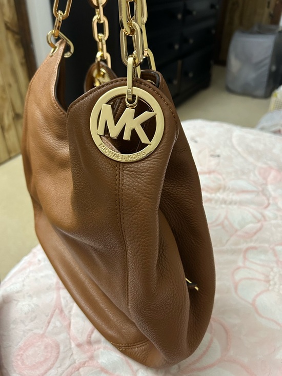 Michael Kors Handbags - Michael Kors Brown Leather Shoulder Hobo with Gold MK Charm